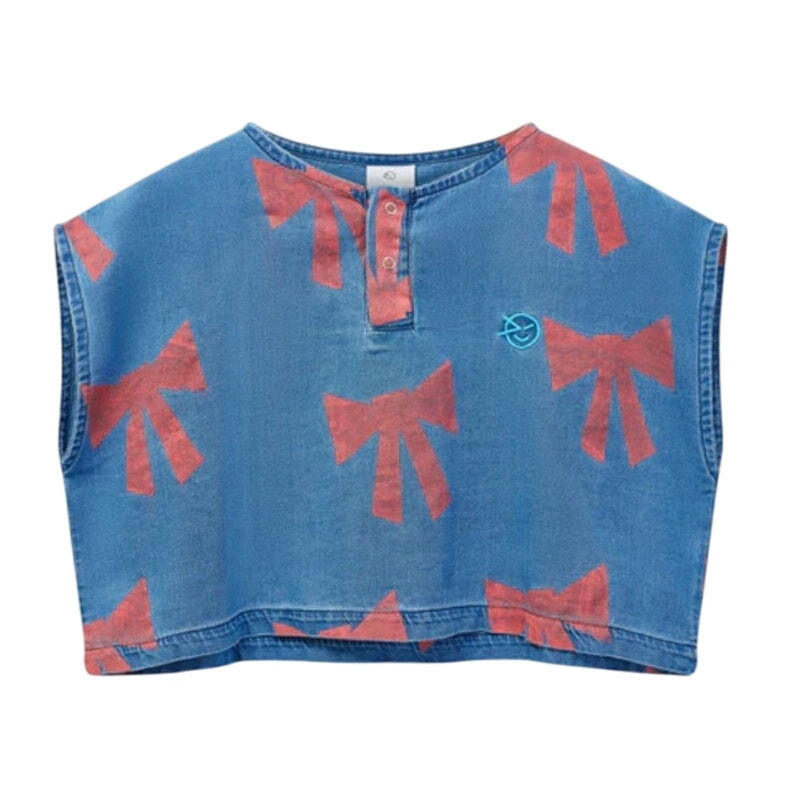 Wynken Girl's Blue & Red Sleeveless Twill Bow Print Shirt, Size 2Y