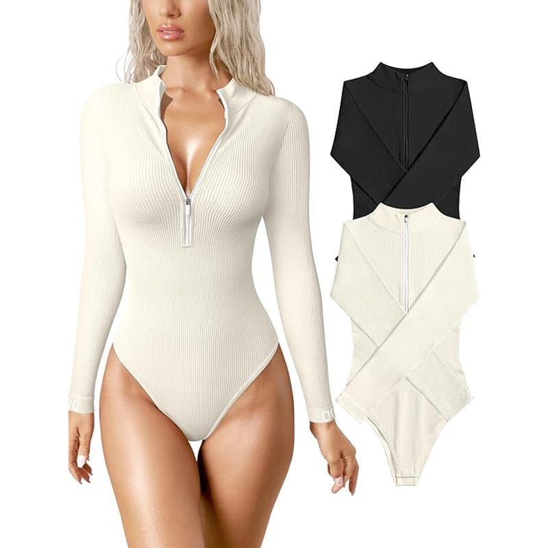 OQQ Ladies 2 Pk. Ivory & Black Quarter Zip Long Sleeve Mock Neck Bodysuit