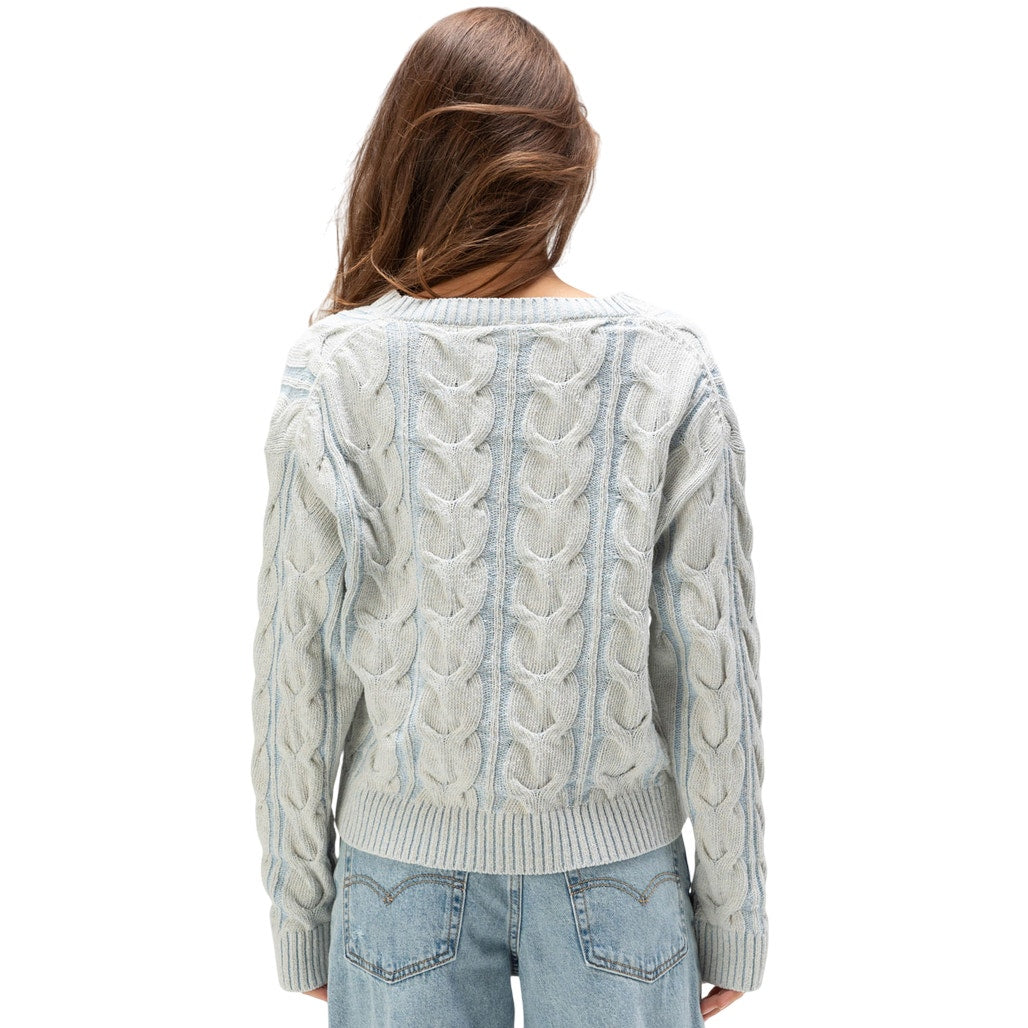 Free People Women's Washed Cable-Knit V-Neck Sweater in Pale Blue, Size XL