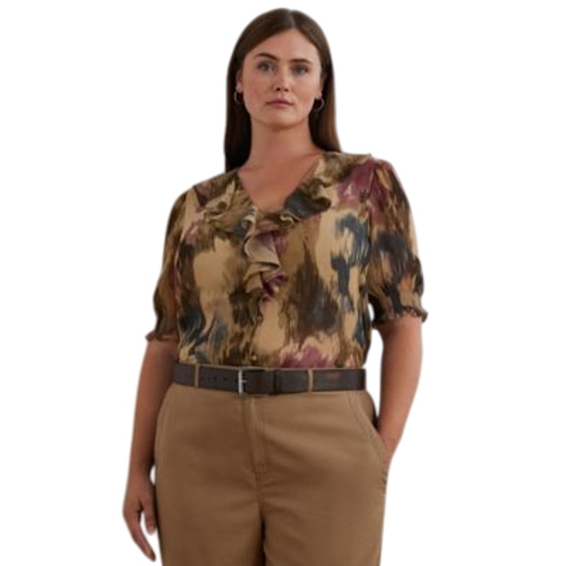 Lauren Ralph Lauren Women's Plus Printed Ruffled Blouse in Abstract Tan, Size 1X
