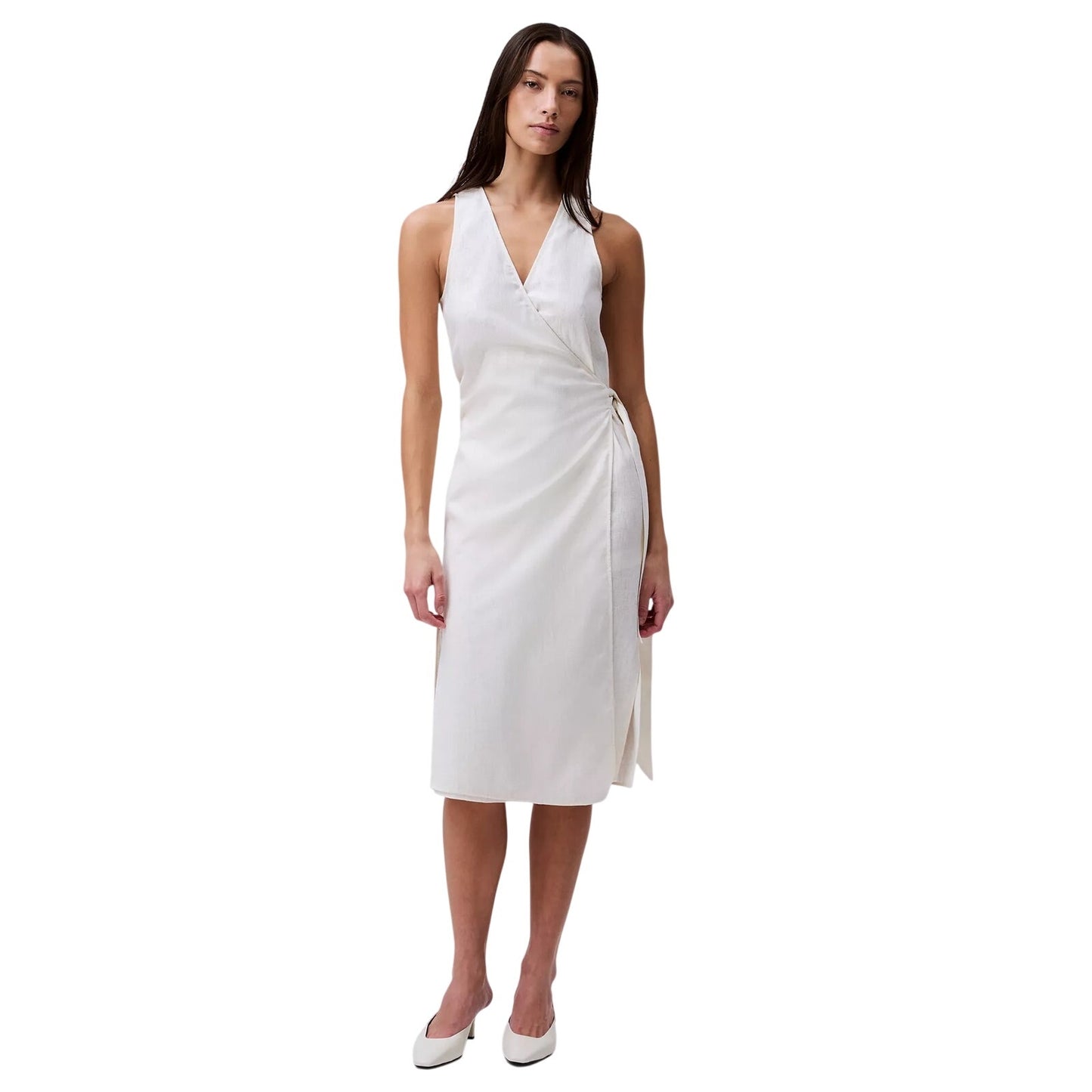 Calvin Klein Women's Linen-Blend Sleeveless Wrap Dress in Antique White