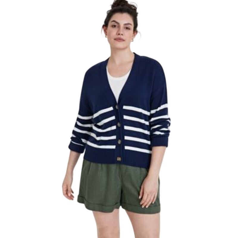 On 34th Women's V-Neck Striped Cardigan in Intrepid Blue Combo
