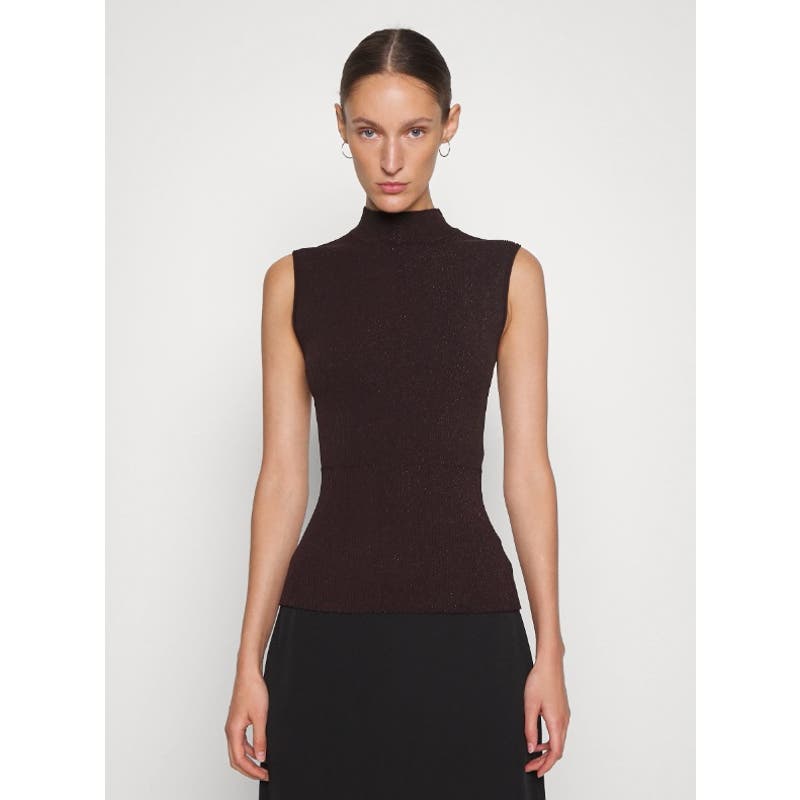 THEORY PLAITED SLEEVELESS TANK COMPACT MOCK NECK TOP MERLOT