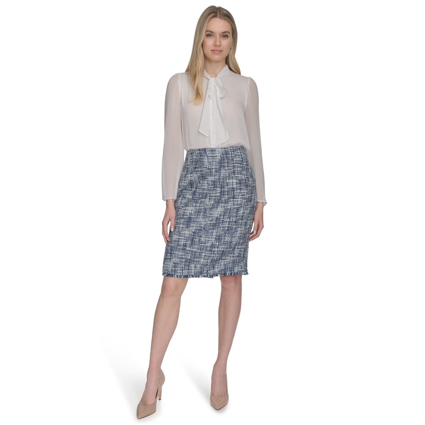 Calvin Klein Women's Tweed Pencil Skirt in Cream Blue Multi
