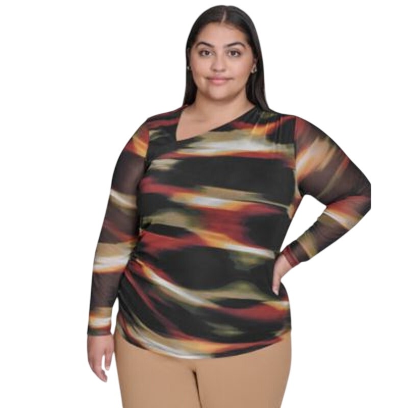 DKNY Plus Size Printed Mesh Side-Ruched Top in Russet Multi