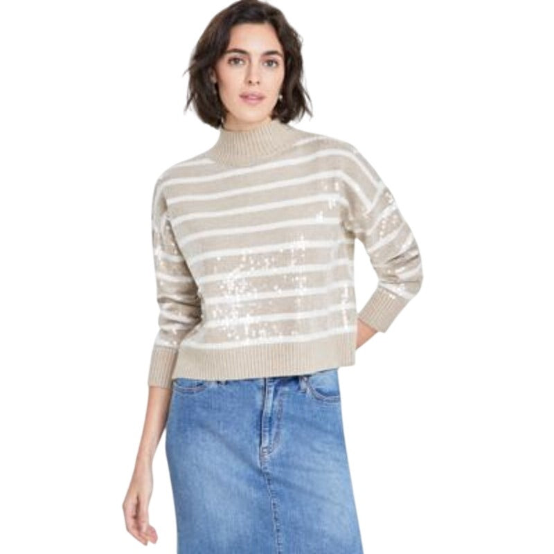 On 34th Women's Sequin Striped Mock-Neck Sweater in Sandcastle Tan Combo