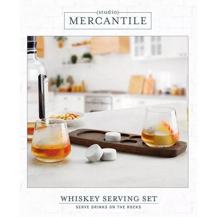 Studio Mercantile Whiskey Serving Tray Glass and Chilling Stone Set