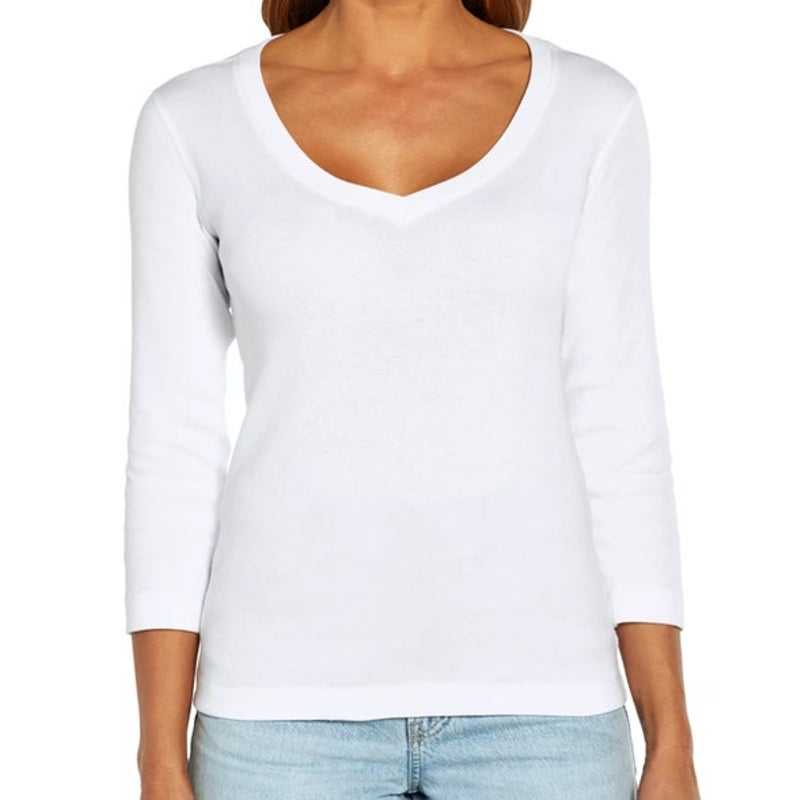 Three Dots Women's V-Neck 3/4-Sleeve T-Shirt in White