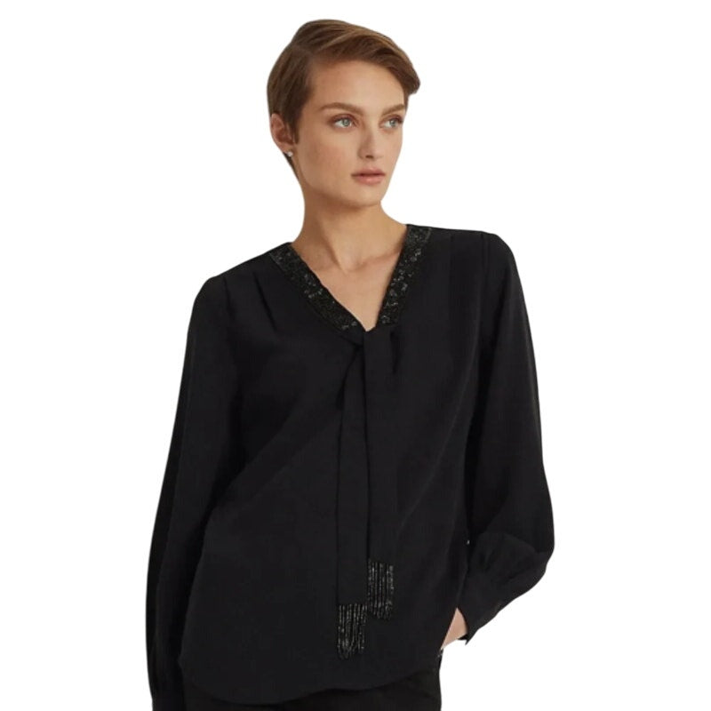 Lauren Ralph Lauren Women's Black Beaded "Georgette" Tie Neck Shir Blouse, XS