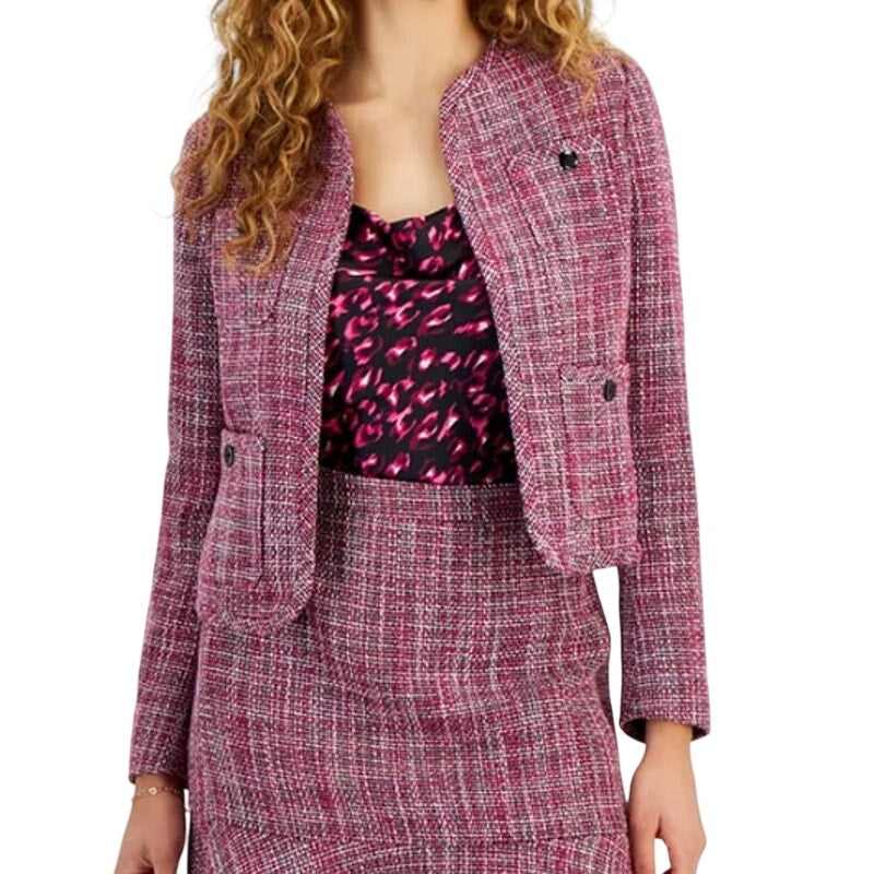 Bar III Women's Tweed Patch-Pocket Blazer Jacket in Jazz Berry Pink Multi
