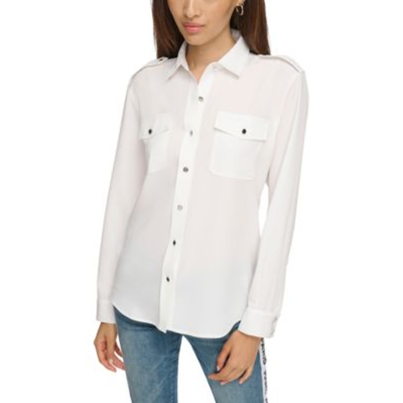 KARL LAGERFELD PARIS Women's Epaulet Button-Up Shirt in Soft White