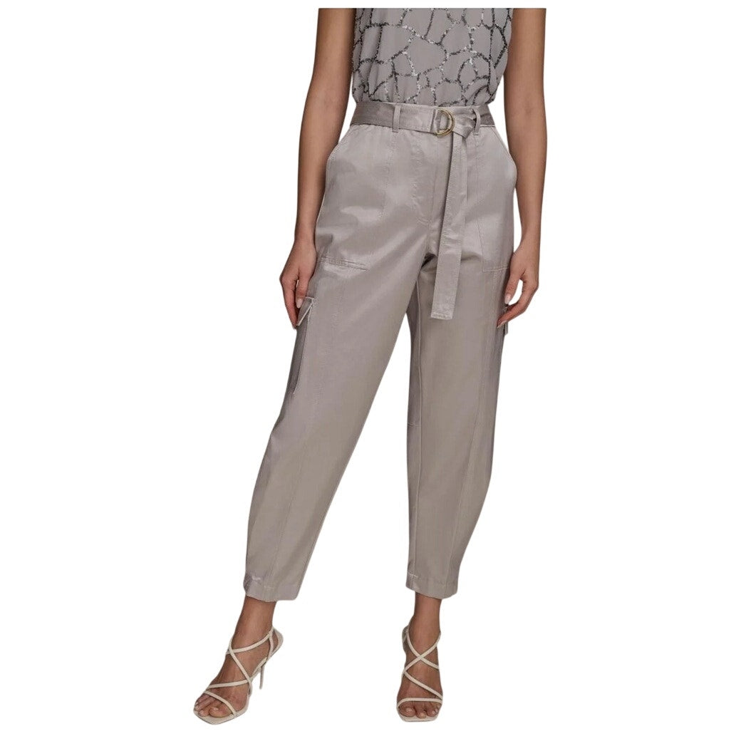 Donna Karan Belted Satin Cargo Pants in Silver Clay Shimmer