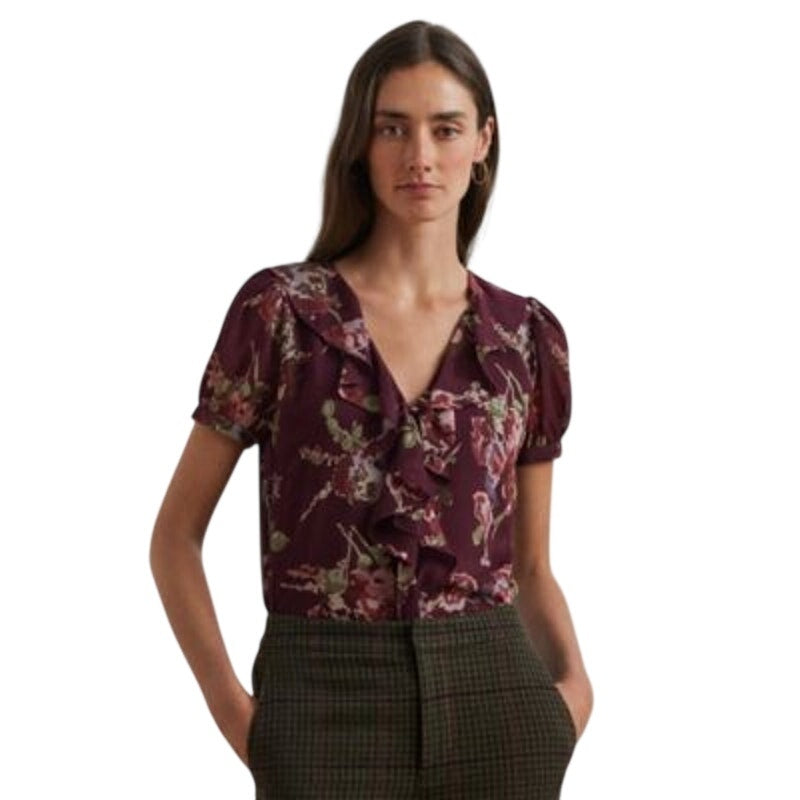 Lauren Ralph Lauren Women's Floral Georgette Puff-Sleeve Top in Burgundy Multi