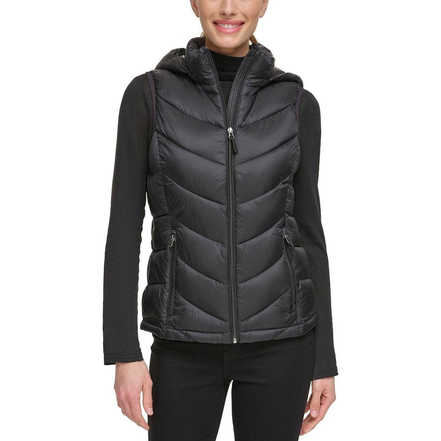 Charter Club Women's Packable Hooded Puffer Vest in Black, Size XS