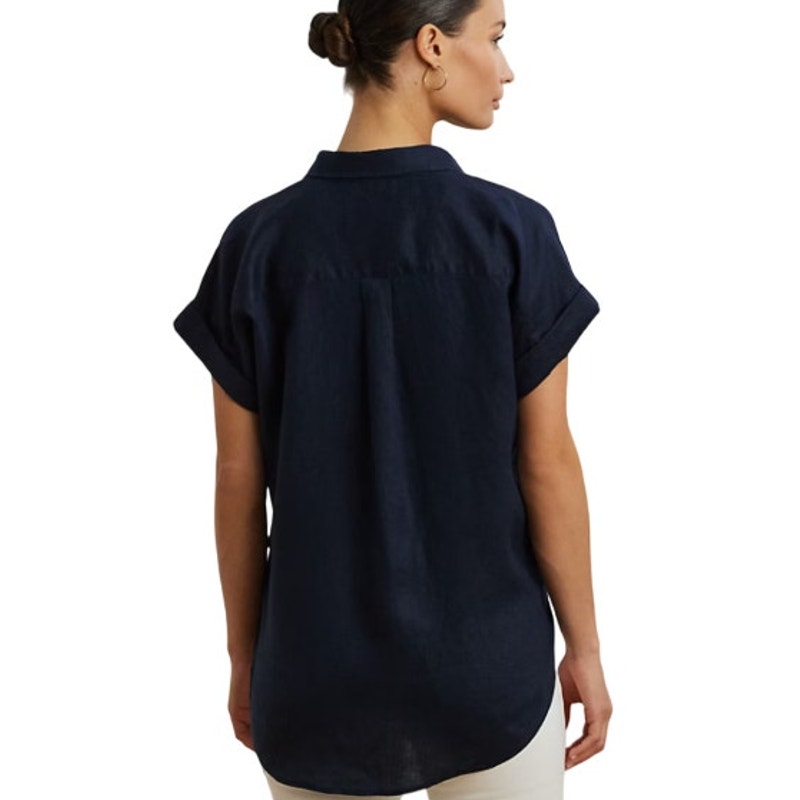 Lauren Ralph Lauren Women's Petite Dolman Sleeve Linen Top in Navy Blue, Size PS