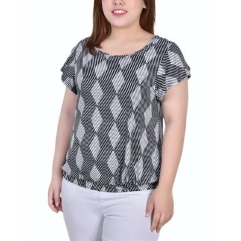 NY Collection Plus Size Flutter Sleeve Elastic Hem Top in Black & White Abstract