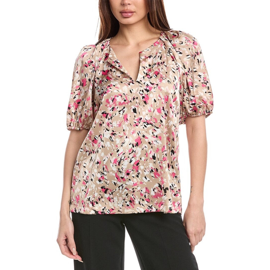 Anne Klein Women's Balloon-Sleeve Split-Neck Top in Latte Multi