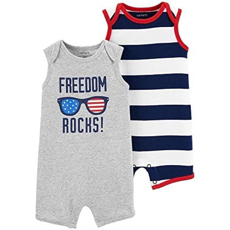 Carter’s 2PC Romper Set, Gray “Freedom Rocks”, Navy Blue Striped