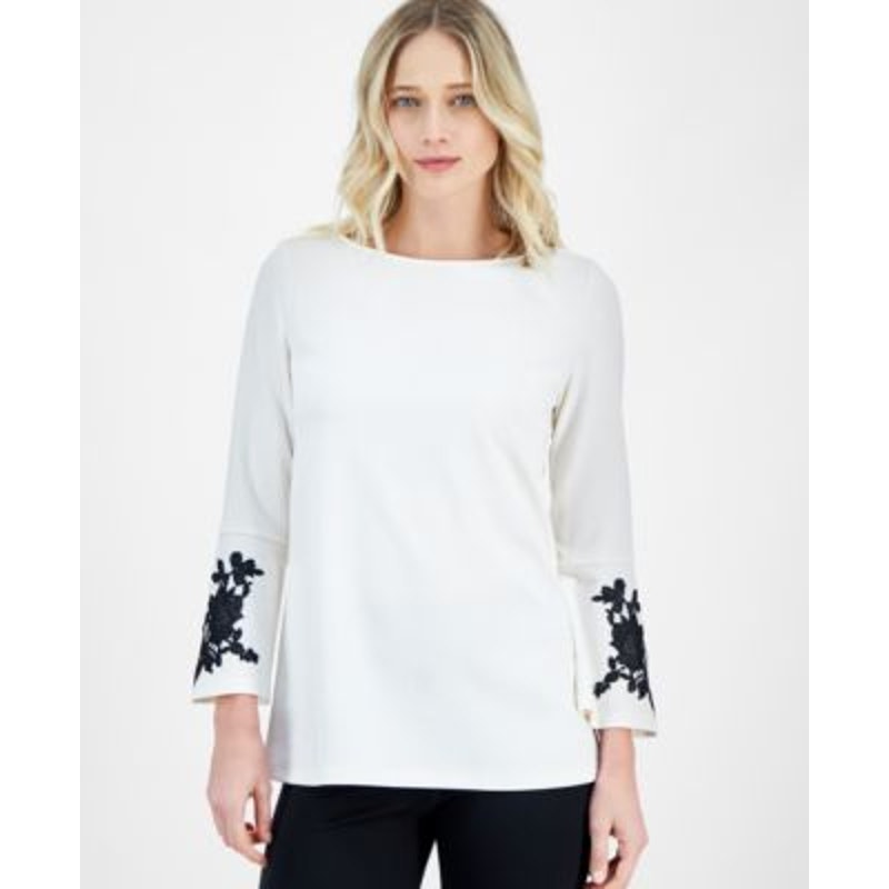 Anne Klein Women's Embroidered Bell-Sleeve Top in White Dove