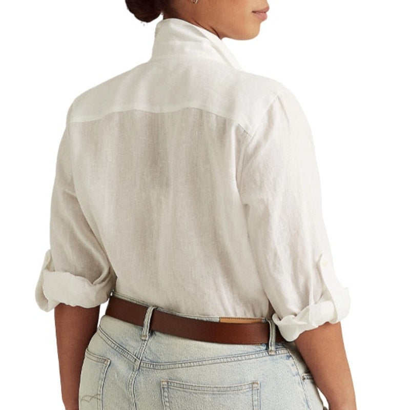Lauren Ralph Lauren Women's Plus Linen Roll-Tab Shirt in White, Size 3X