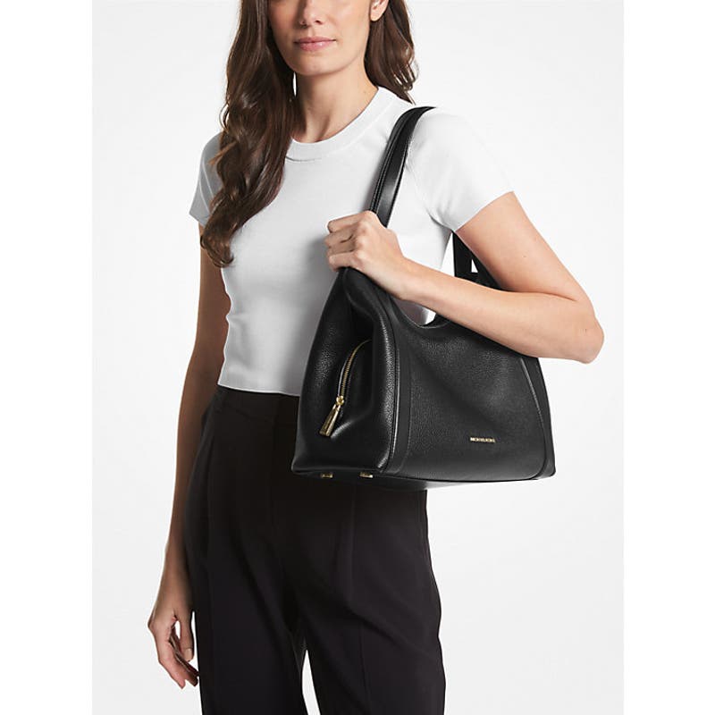 MICHAEL KORS Black "Rosemary" Large Pebbled Leather Shoulder Bag, Gold Hardware