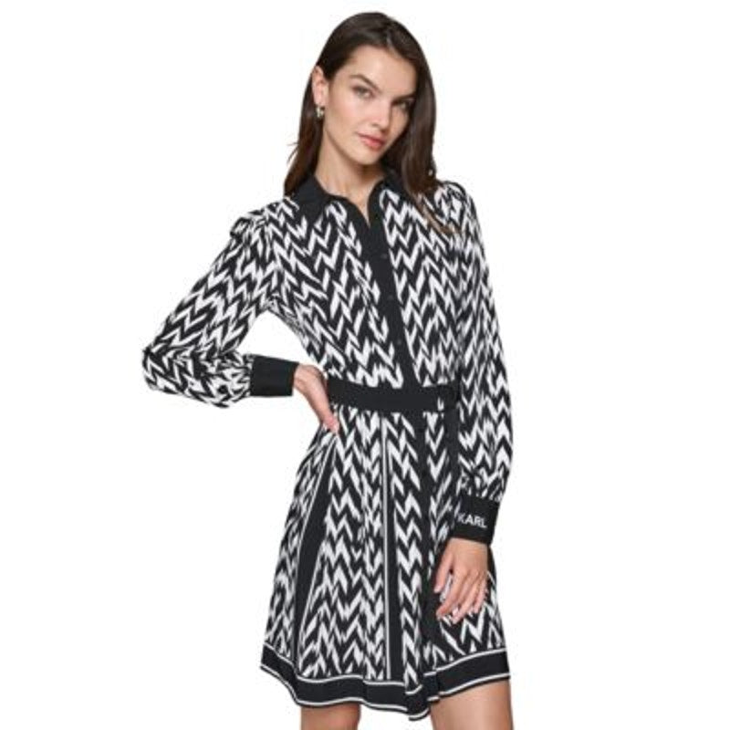 KARL LAGERFELD PARIS Women's Herringbone-Print Shirt Dress in Black & Soft White