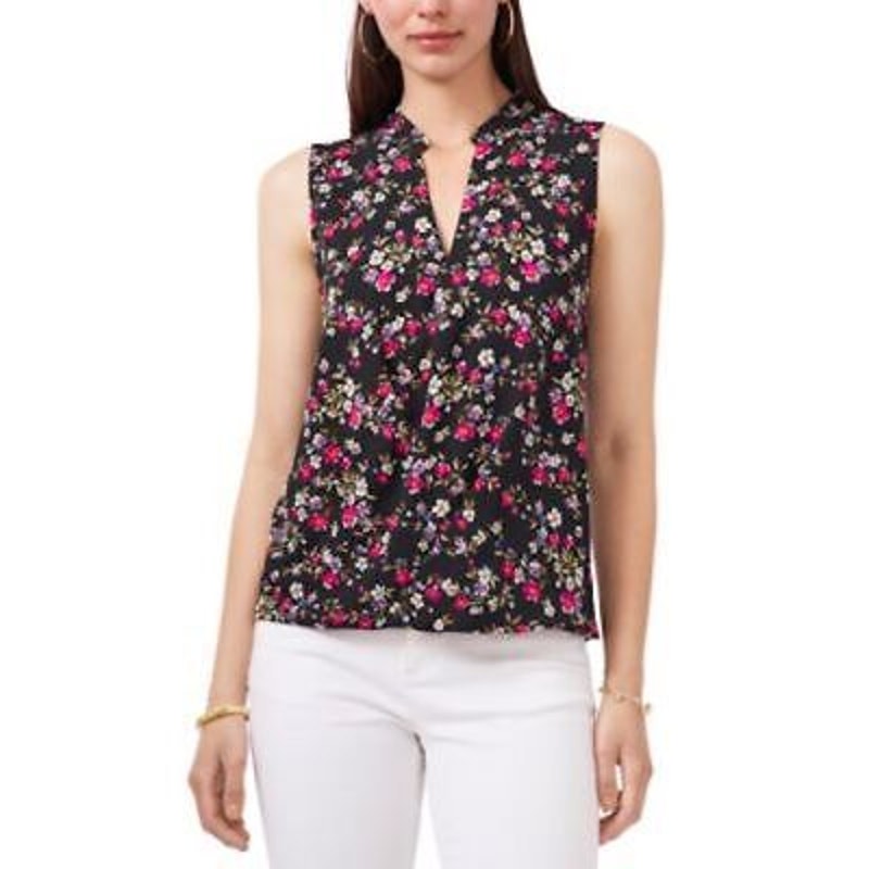 Vince Camuto Black Floral V-Neck “Summer Items” Blouse, Size Large, NWT!