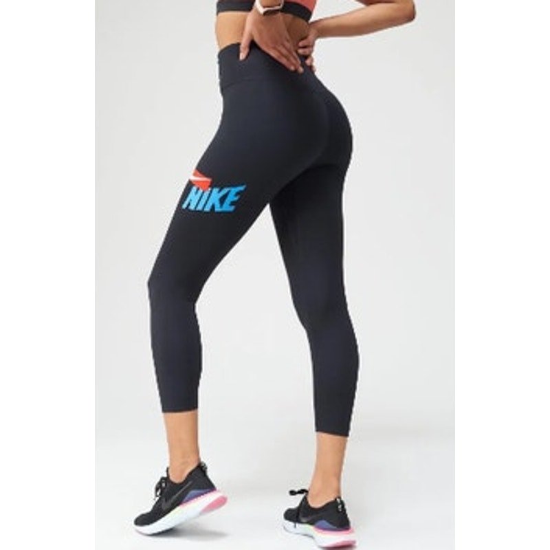 NIKE Black Crop Leggings w/ Orange & Blue Decals, Mid Rise, Multiple Sizes