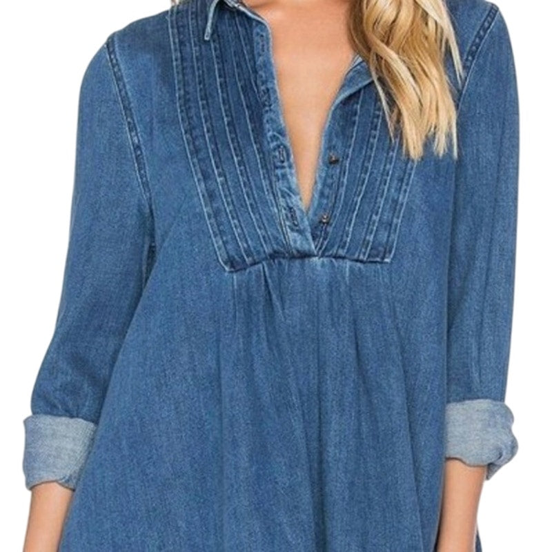 Free People Women's Denim Swing Tunic Dress in Montauk Wash Blue, Size Small