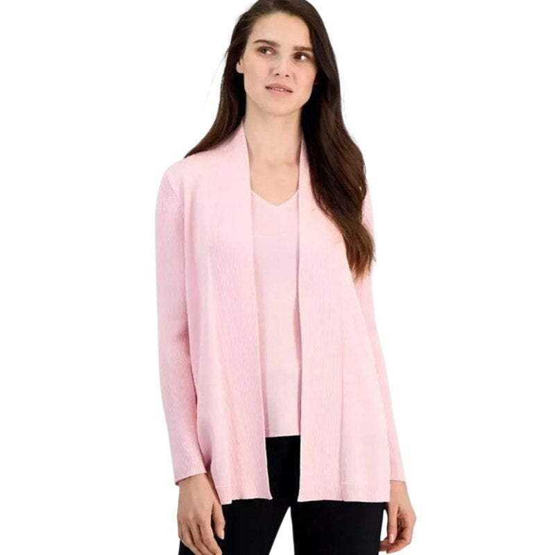 Anne Klein Women's Sonoma Rib-Trim Open-Front Cardigan in Peony Pink
