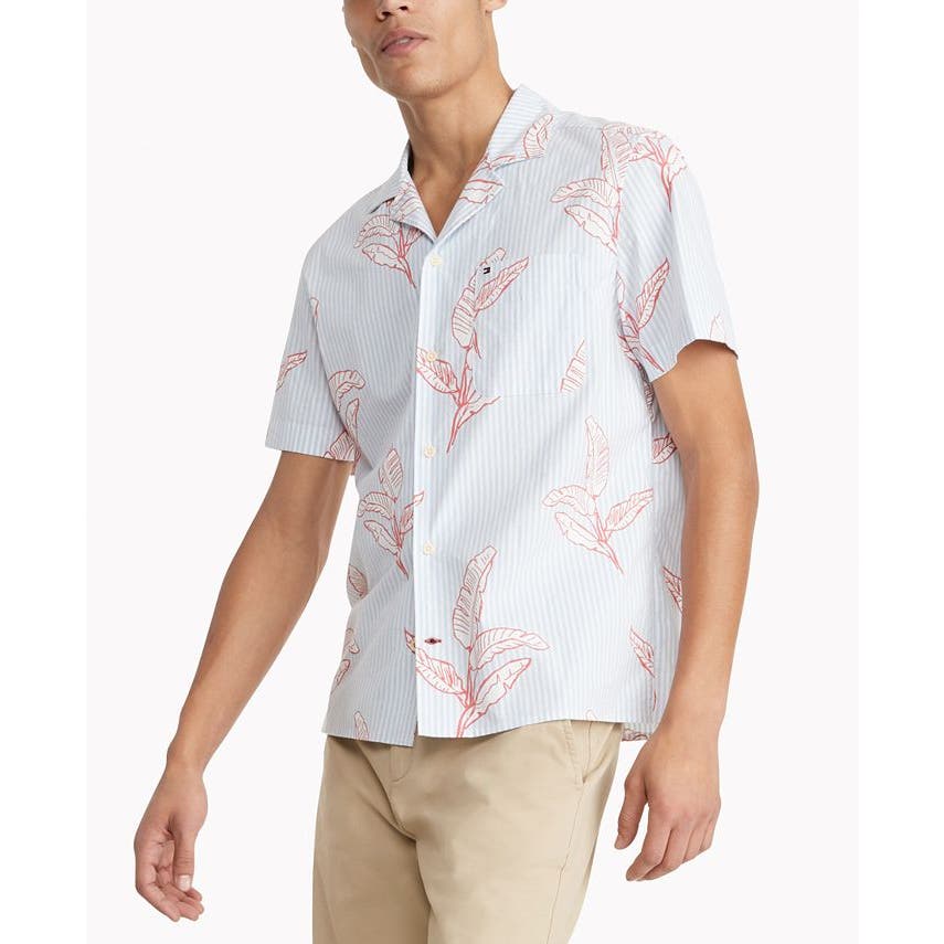 Tommy Hilfiger Men's Light Blue & White Pinstriped Button Down, Palm Print