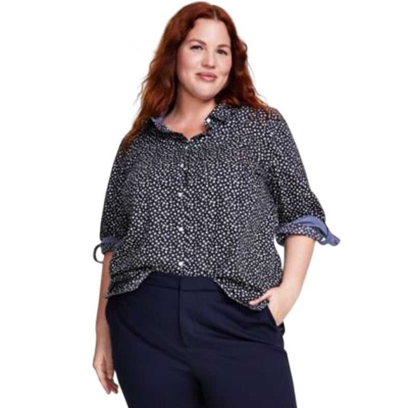 Tommy Hilfiger Printed Roll-Tab Long Sleeve Sky Captain Navy Button Up Top