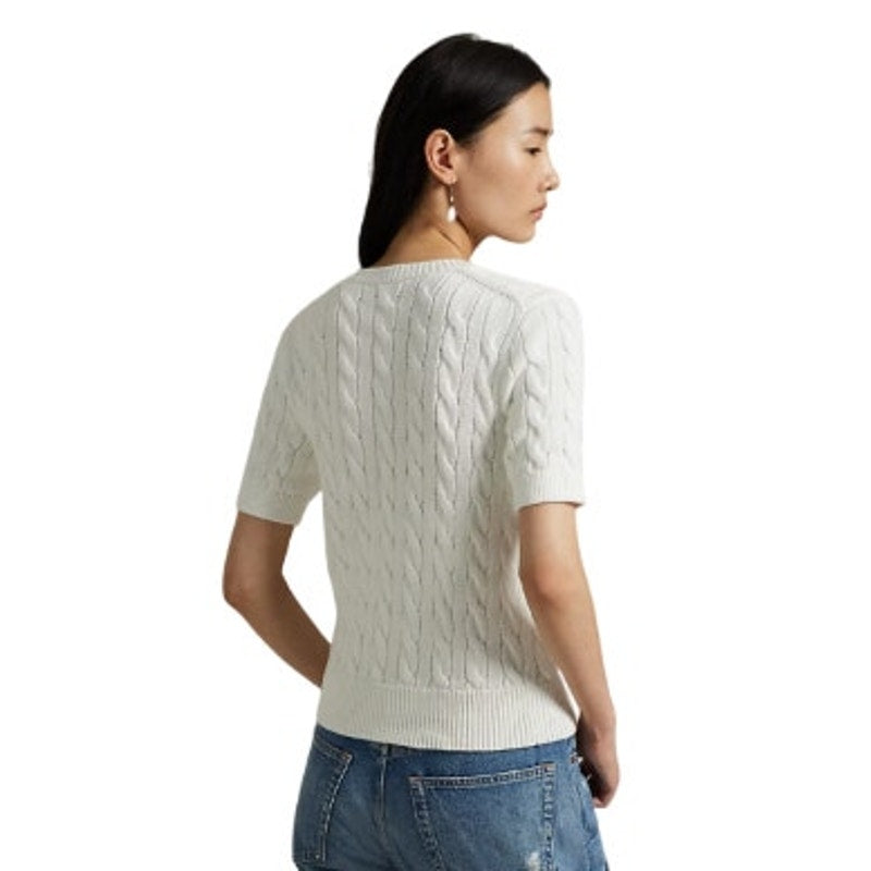 Polo Ralph Lauren Women's Cable Knit Cotton Short Sleeve Cardigan in White, L