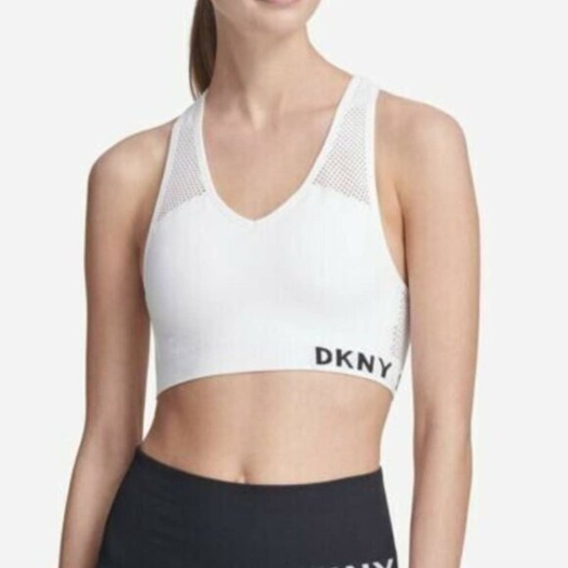 DKNY Sport White Mesh Racer Back Padded Sports Bra, Motor Sides