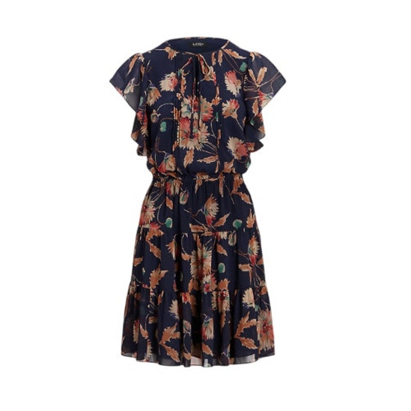 Lauren Ralph Lauren Women's Floral Crinkle Georgette Dress in Navy Blue & Orange