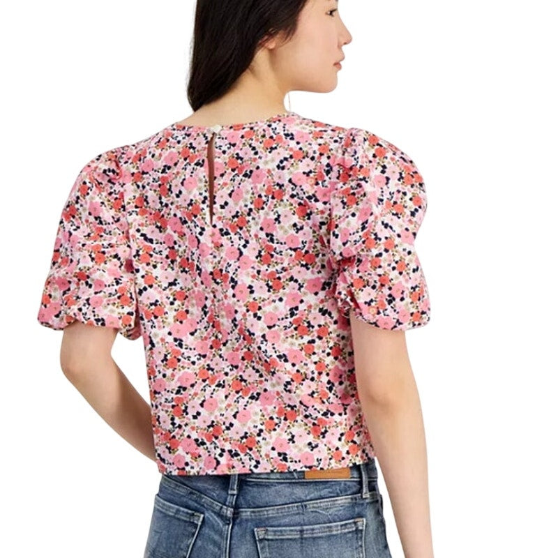 Tommy Hilfiger Women's Ditsy Floral Puff Sleeve Top in Pink & White