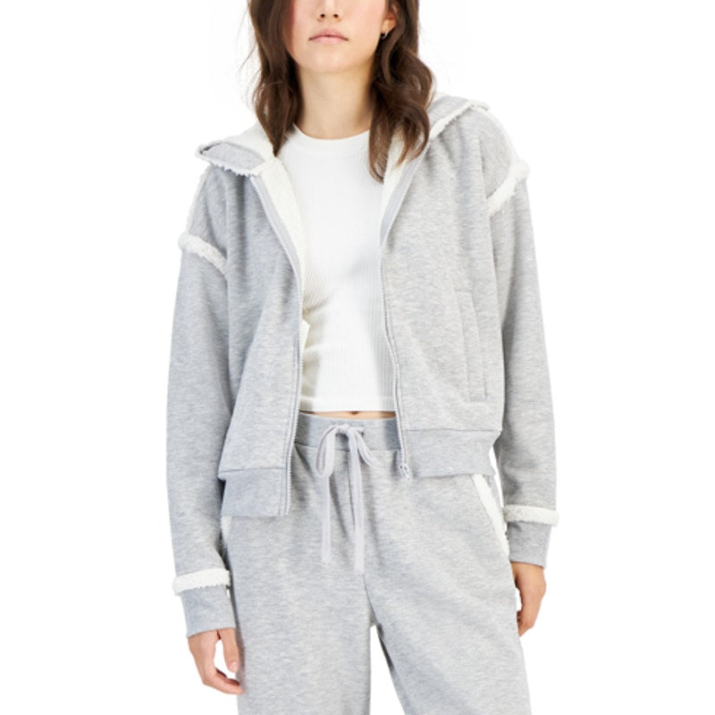 Crave Fame Juniors Light Heather Gray Sherpa Trim Long Sleeve Jacket