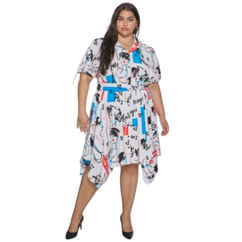 KARL LAGERFELD PARIS Plus Size Logo Button-Front Dress in Soft White Multi