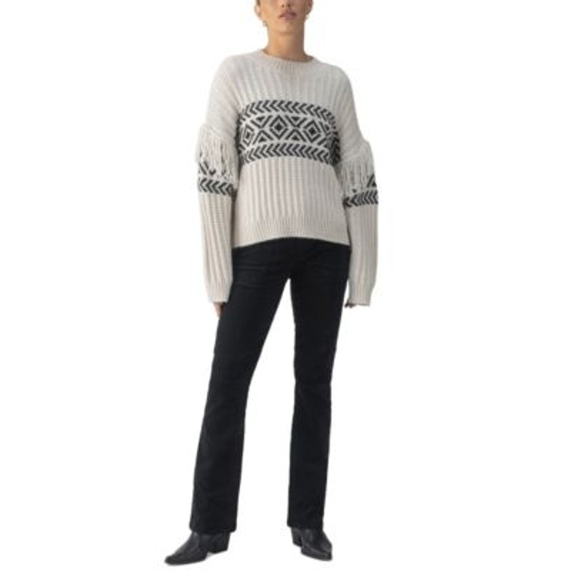 Sanctuary Women's Artisan Fringe-Trim Sweater in Chalk White & Black