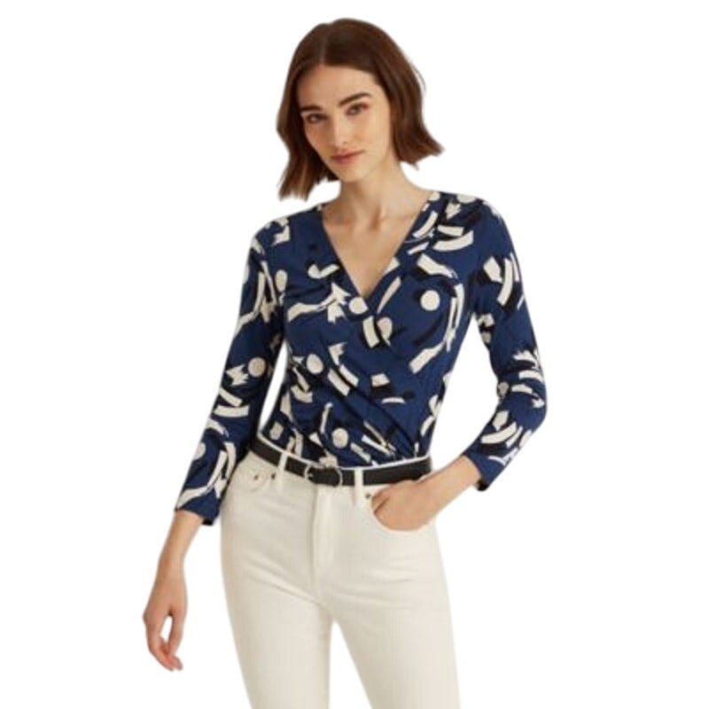 Lauren Ralph Lauren Women's Navy Blue & Cream Geometric Surplice Jersey Blouse