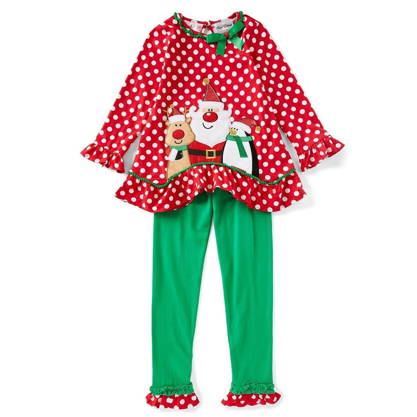 RARE EDITIONS Girls Tunic & Pant Set Santa & Friends Christmas Applique