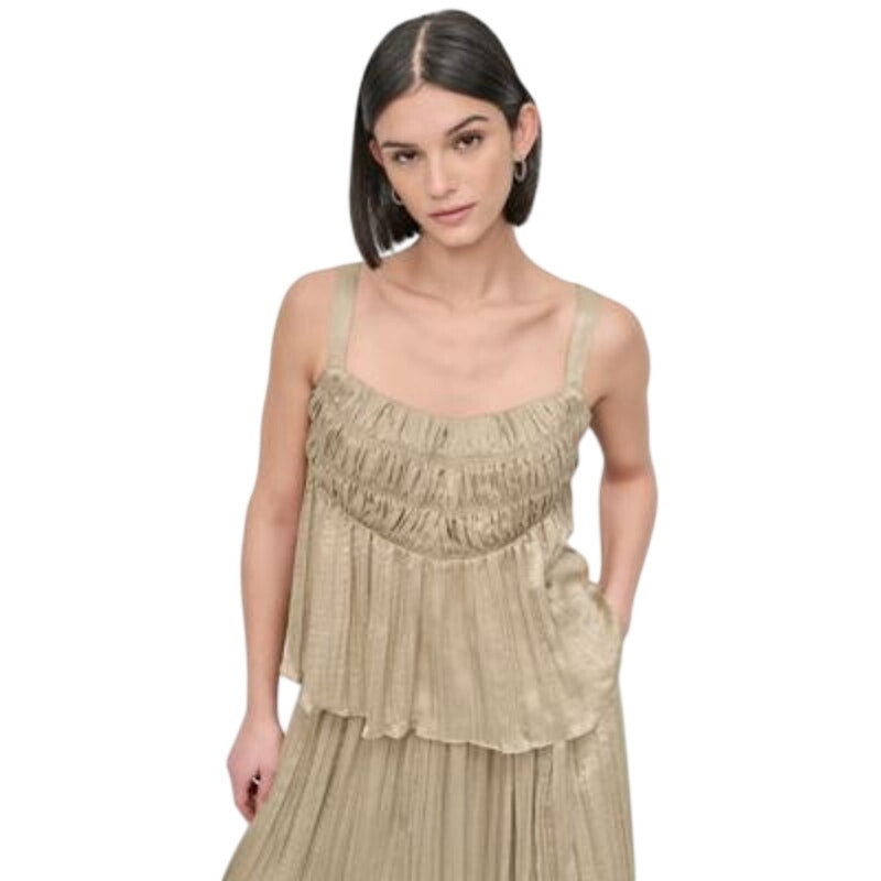 DKNY Women's Crushed Crease Sleeveless Smocked Top in Pale Moss