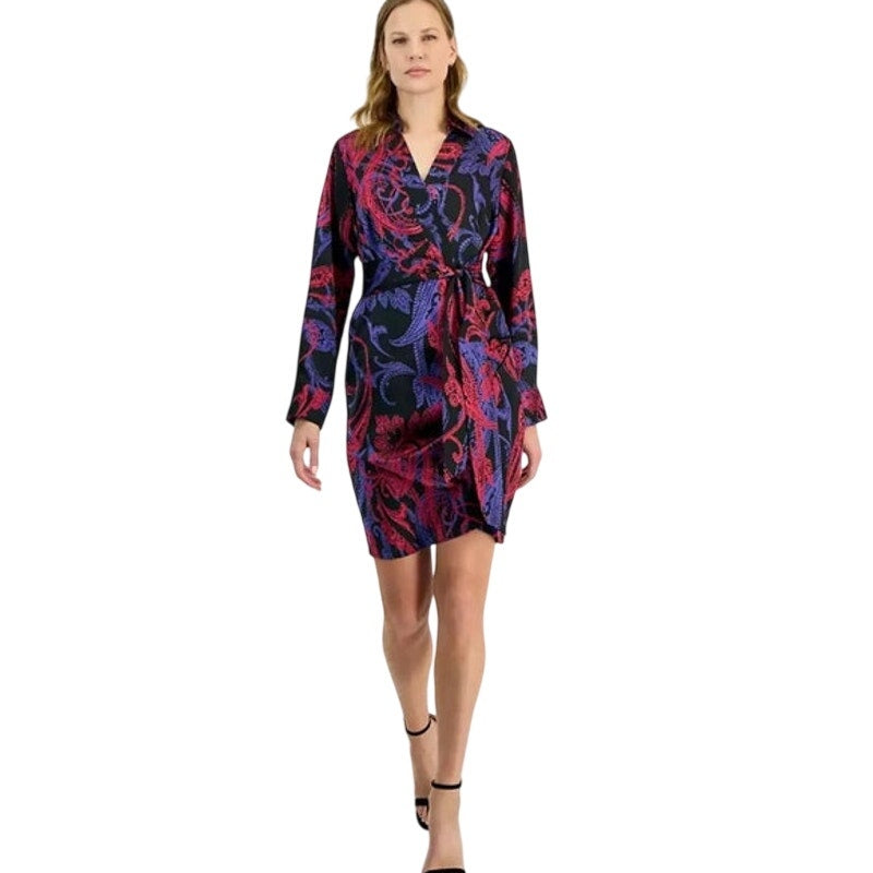 Tahari ASL Women's Printed Faux-Wrap Dress in Black Cobalt Combo