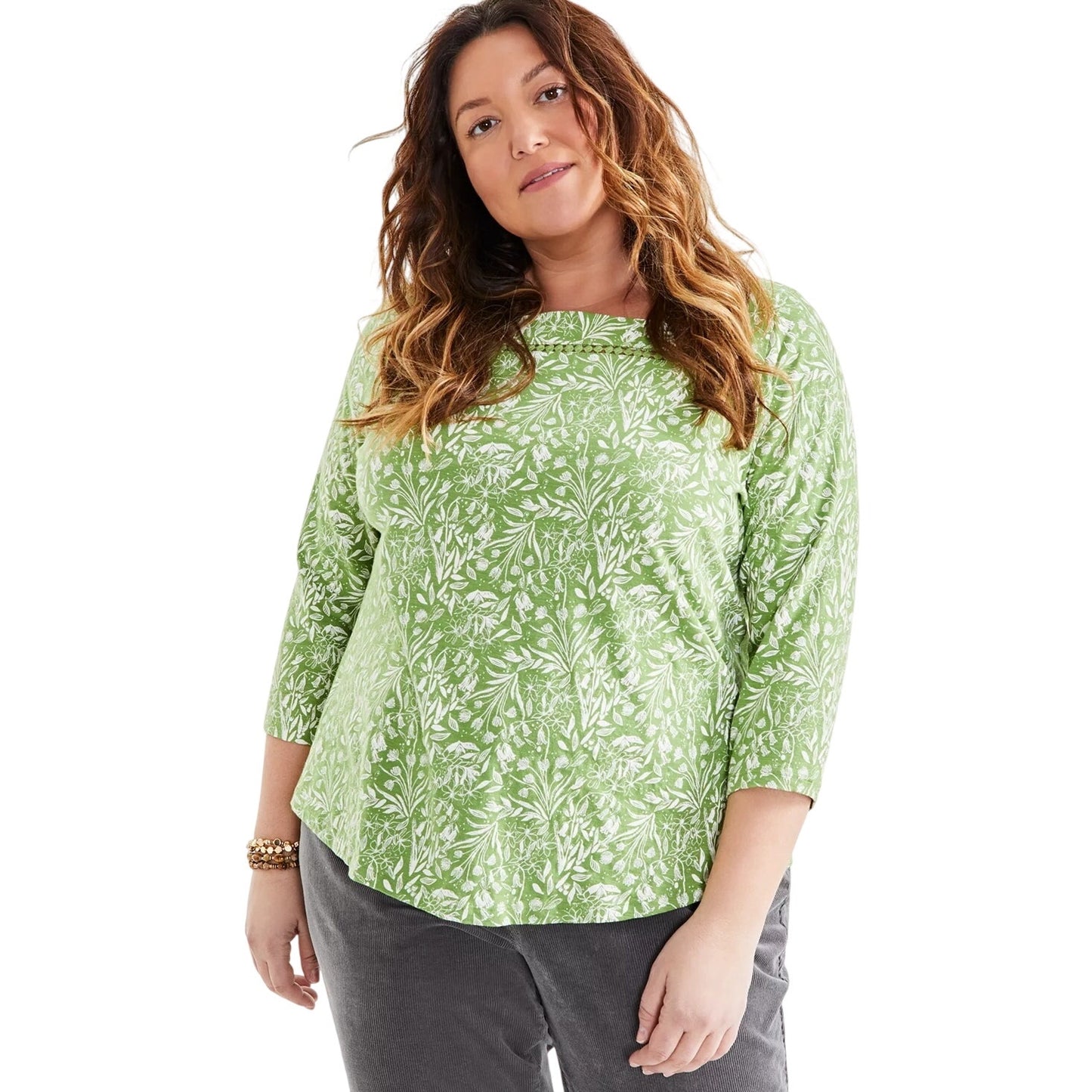 Style & Co. Plus Size Square-Neck 3/4-Sleeve Top in Dainty Green