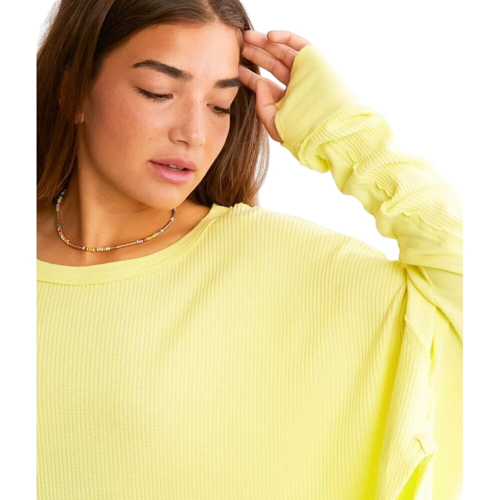 Free People Women's "Microphone Drop" Waffle Knit Top in Lemongrass Yellow, S