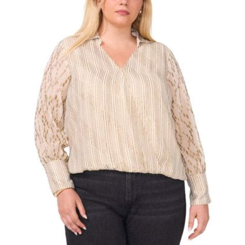 Vince Camuto Women's Plus Size V-Neck Collared Long-Sleeve Top in Soft Cream