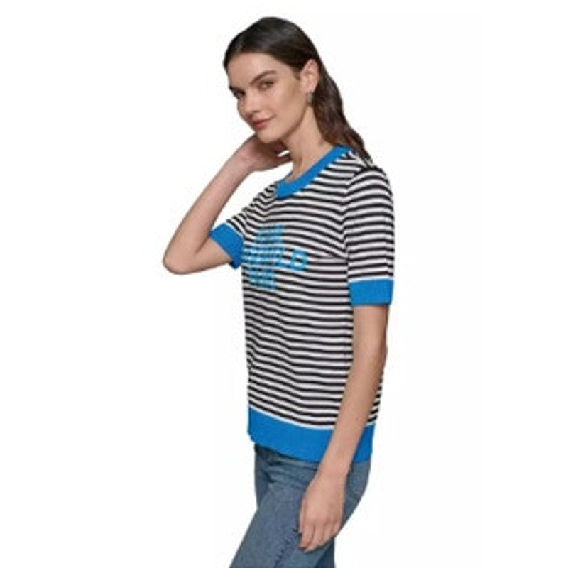 KARL LAGERFELD PARIS Women's Striped Sweater in Soft White & French Blue