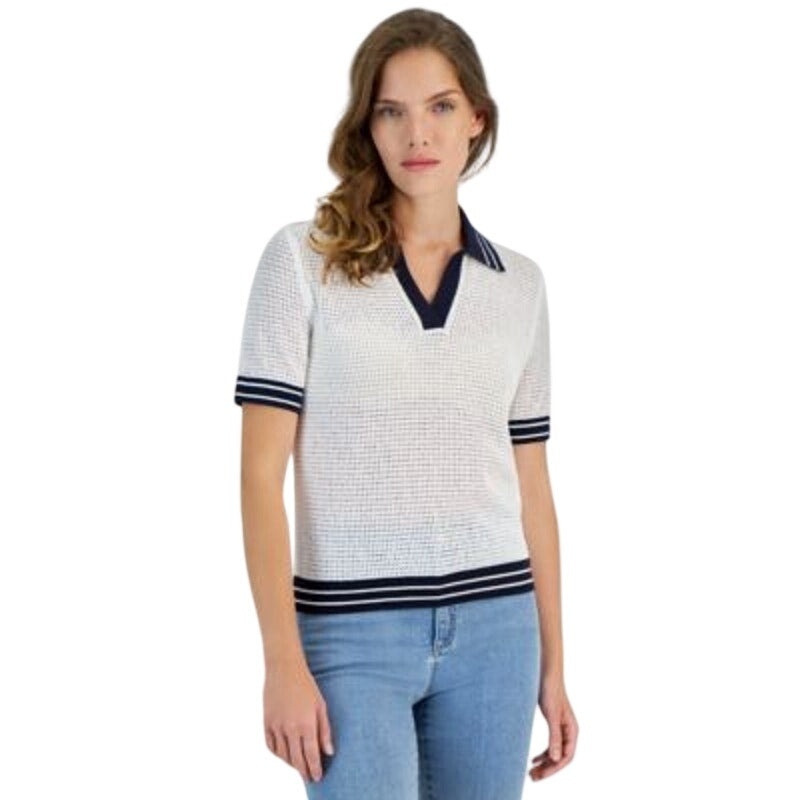 Nautica Jeans Women's Johnny-Collar Short Sleeve Top in Bright White