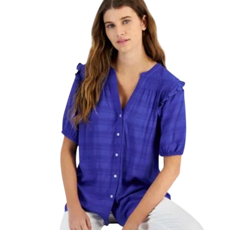 Tommy Hilfiger Women's Smocked Textured Blouse in Provence Blue