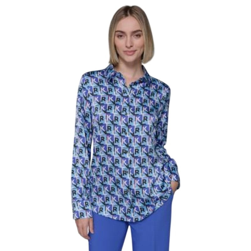 KARL LAGERFELD PARIS Women's Logo-Print Button-Up Top in Azure Blue